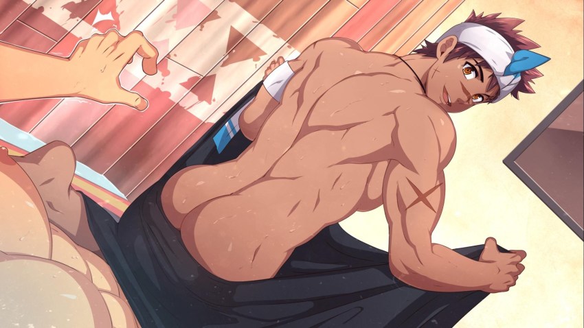 2boys, armband, ass, back, bara, brown_eyes, brown_hair, cross_scar, dark-skinned_male, dark_skin, facial_scar, full_service_(mazjojo), gyee, headband, highres, holding, holding_towel, large_pectorals, looking_back, lying, male_focus, mazjojo, multiple_boys, muscular, muscular_male, naked_towel, nipples, nude, official_art, okan_ardana, on_back, open_mouth, pectorals, scar, scar_on_arm, scar_on_cheek, scar_on_face, scar_on_nose, short_hair, sitting, sitting_on_person, smile, solo_focus, towel, yaoi