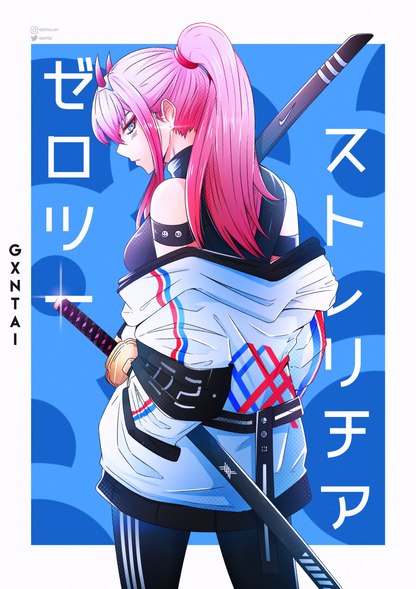 1girl, absurdres, adapted_costume, alternate_costume, artist_name, back, bare_shoulders, blue_background