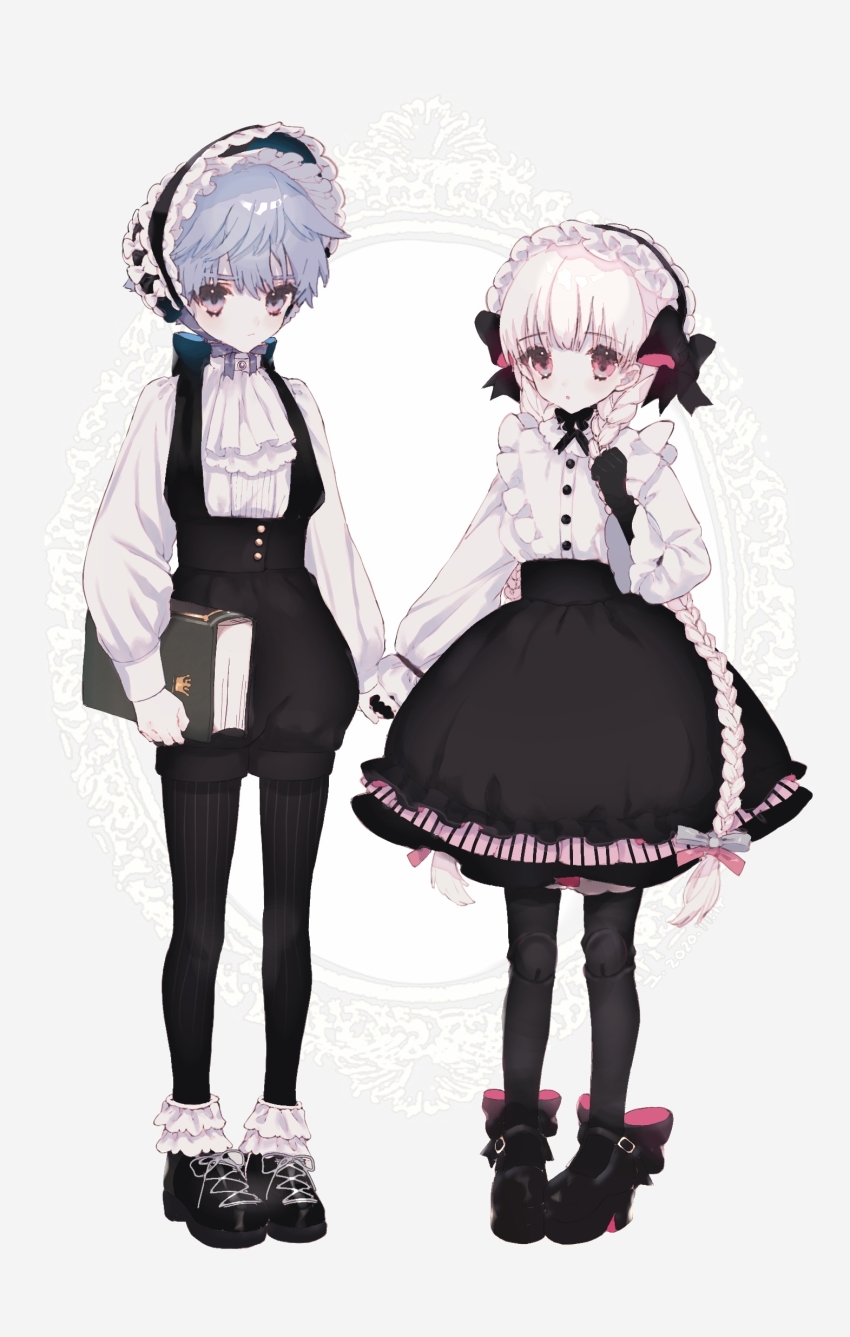 1boy, 1girl, absurdres, black_bow, black_footwear, black_gloves, black_legwear, black_neckwear, black_shorts, black_skirt, blouse, blue_eyes, blue_hair, blue_neckwear, blue_ribbon, book, bow, braid, child, commentary, cross-laced_footwear, doll_joints, fate/extra, fate/extra_ccc, fate/grand_order, fate_(series), full_body, gloves, hand_on_own_chest, hans_christian_andersen_(fate), headdress, high_heels, highres, holding, holding_book, holding_hands, joints, ouji_fashion, lolita_fashion, long_hair, long_sleeves, looking_at_viewer, low_twin_braids, mary_janes, nursery_rhyme_(fate), parted_lips, pink_eyes, pink_ribbon, pith_u, platform_footwear, ribbon, shirt, shoes, short_hair, shorts, skirt, standing, suspender_shorts, suspenders, twin_braids, very_long_hair, white_background, white_hair, white_headwear, white_shirt