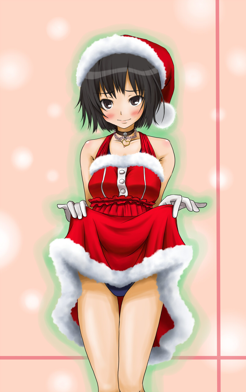 1girl, amagami, bad_id, bad_pixiv_id, black_hair, blush, brown_eyes, christmas