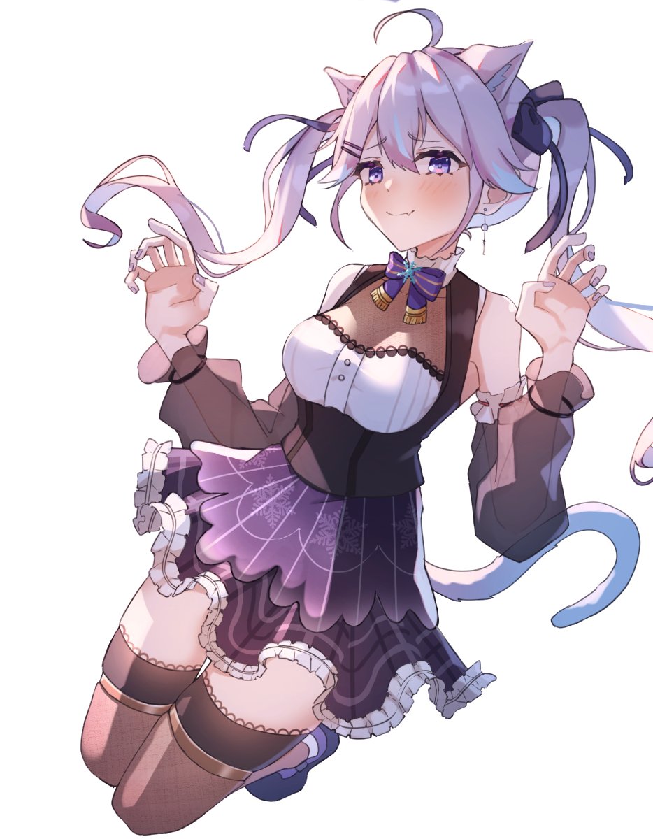 1girl, airborne, animal_ears, blue_hair, bodice, bow, breasts, cat_ears, cat_girl, cat_tail, detached_sleeves, earrings, fang, floating_hair, gyudon_uma, highres, jewelry, kemonomimi_mode, long_hair, medium_breasts, nijisanji, nijisanji_kr, nun_bora, nun_bora_(3rd_costume), purple_bow, purple_eyes, purple_hair, purple_skirt, shoes, skin_fang, skirt, solo, tail, twintails, virtual_youtuber, white_background