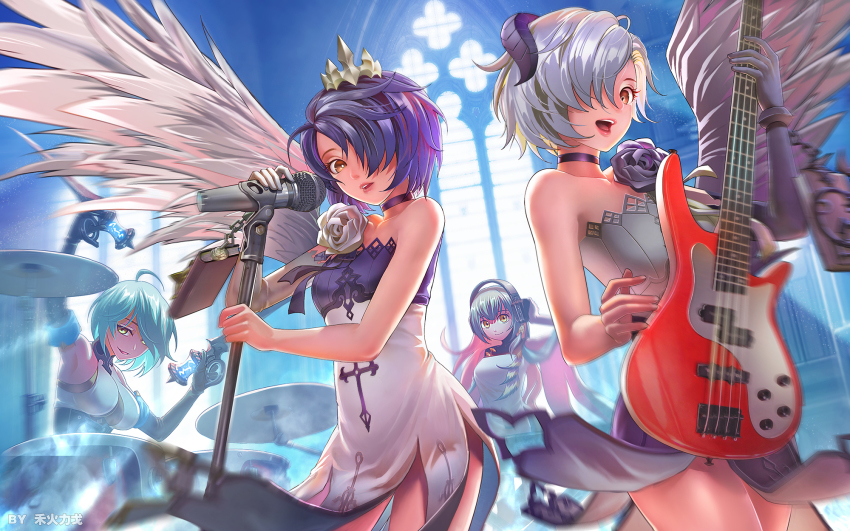 4girls, artist_name, bare_shoulders, beatrice_(masterwork_apocalypse), black_gloves, black_hair, black_neckwear, black_wings
