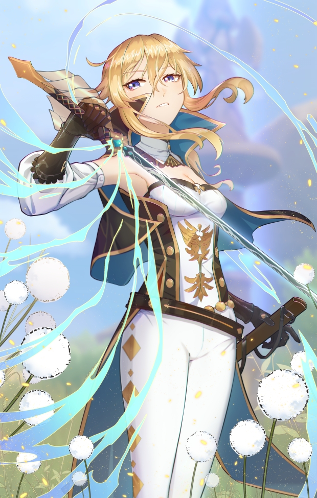 1girl, armpits, blonde_hair, blue_eyes, breasts, brown_gloves, chen_clear, cleavage