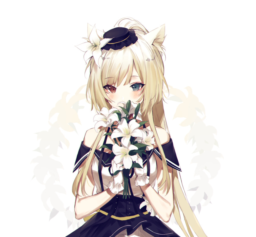 1girl, animal_ear_fluff, animal_ears, arknights, black_dress, black_hat, blonde_hair, blue_eyes