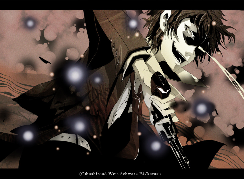 1boy, adachi_tooru, atlus, bad_id, bad_pixiv_id, brown_hair, formal_clothes, grin