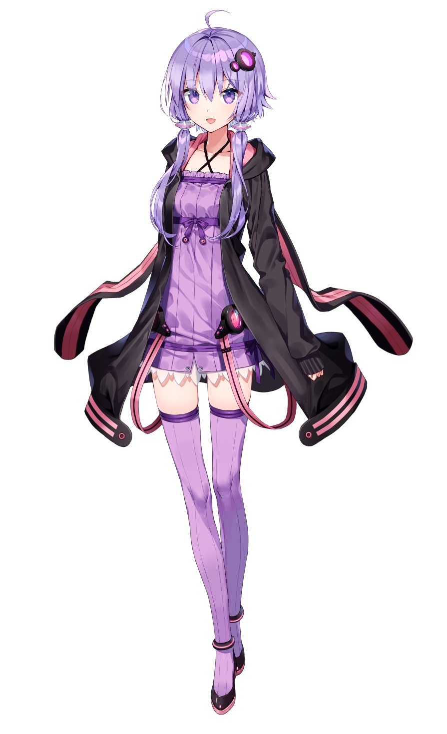 1girl, :d, black_jacket, dress, full_body, halterneck, headset, highres, hood, hood_down, hooded_jacket, jacket, jewelry, kitsune_ncv, long_sleeves, looking_at_viewer, micro_dress, open_mouth, platform_footwear, purple_dress, purple_eyes, purple_hair, purple_thighhighs, ribbon, sidelocks, simple_background, smile, solo, standing, thighhighs, vocaloid, voiceroid, white_background, yuzuki_yukari, zettai_ryouiki