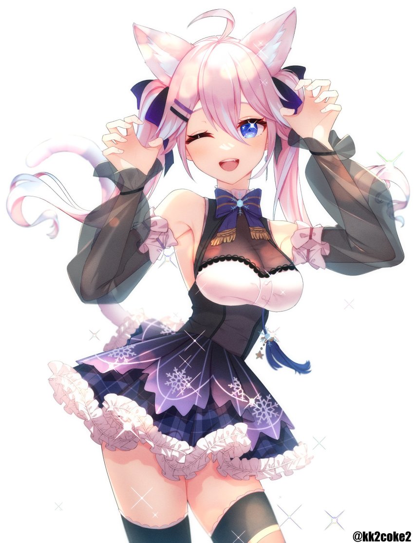 ahoge, animal_ear_fluff, animal_ears, black_bow, blue_bow, blue_eyes, blue_hair, bodice