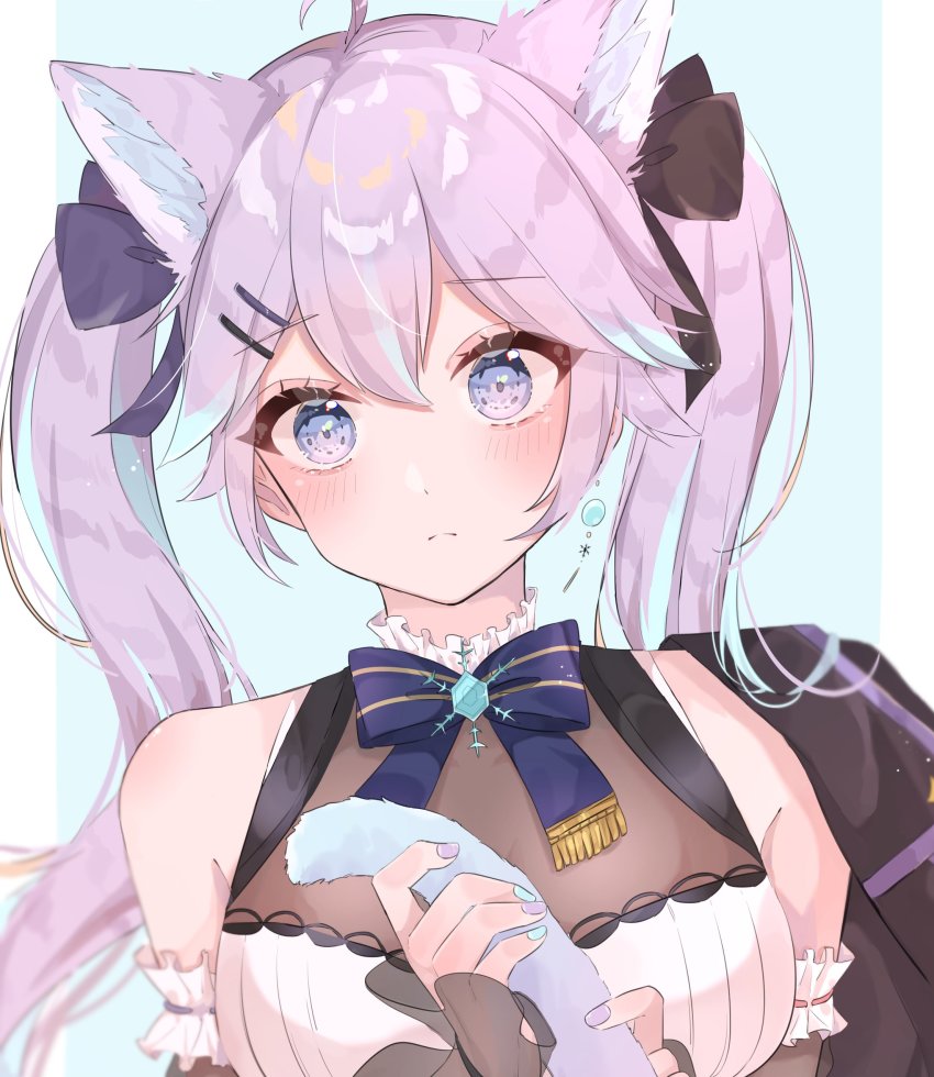 absurdres, animal_ear_fluff, animal_ears, black_bow, black_jacket, blue_hair, blush, bodice