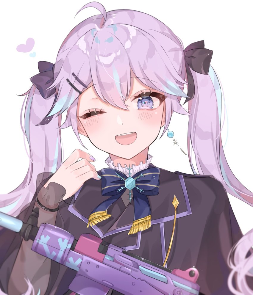 black_bow, black_jacket, blue_bow, blue_eyes, blue_hair, bow, gun, hair_bow