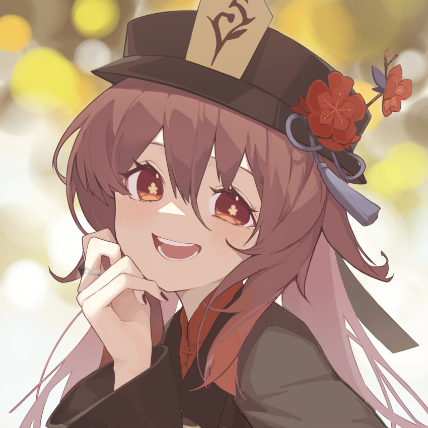 1girl, blush, brown_hair, chinese_clothes, flower, genshin_impact, hand_on_own_face, hat