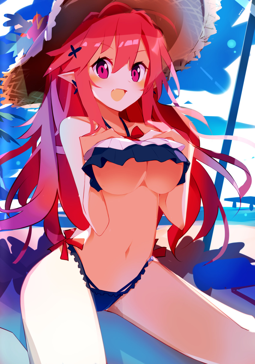 1girl, absurdres, beach, bikini, breasts, demon_girl, disgaea, earrings, hair_ornament, hairclip, hat, highres, jewelry, large_breasts, long_hair, makai_senki_disgaea, makai_senki_disgaea_5, nanozenzen, navel, open_mouth, pink_hair, pointy_ears, red_eyes, seraphina_(disgaea), solo, sun_hat, swimsuit, underboob