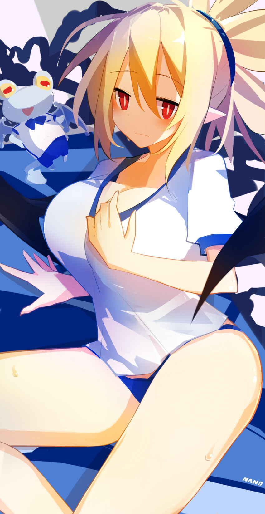 1girl, absurdres, blonde_hair, breasts, buruma, cleavage, demon_girl, demon_wings, disgaea, gym_uniform, highres, large_breasts, makai_senki_disgaea, nanozenzen, pointy_ears, red_eyes, rozalin, short_sleeves, tink_(disgaea), wings