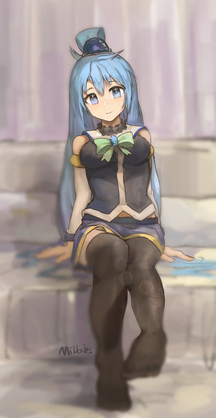1girl, absurdres, aqua_(konosuba), arm_support, artist_name, bare_shoulders, black_shirt, black_thighhighs, blue_eyes, blue_hair, blue_skirt, blurry, blurry_background, blurry_foreground, blush, bow, bowtie, breasts, detached_sleeves, gem, green_bow, green_bowtie, hair_ornament, highres, kono_subarashii_sekai_ni_shukufuku_wo!, long_hair, long_sleeves, milbi, no_shoes, shirt, sitting, skirt, smile, solo, sphere_hair_ornament, thighhighs