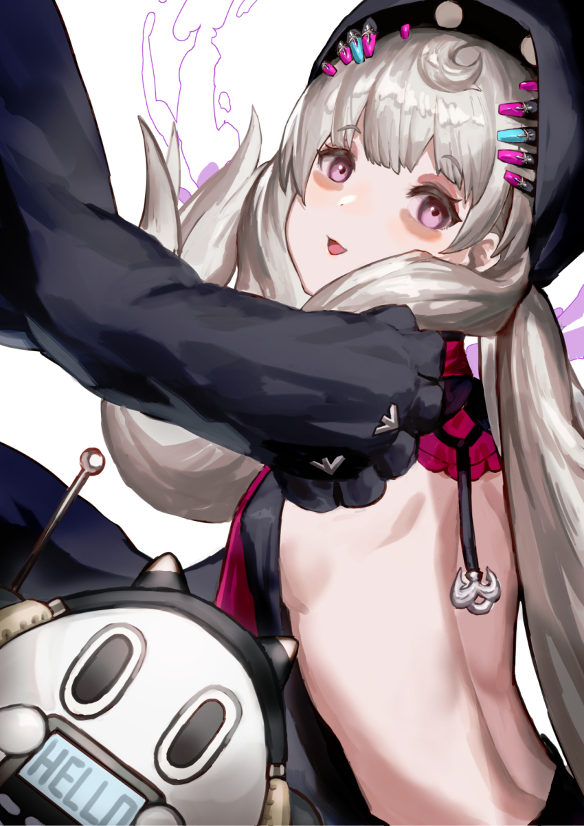 1girl, ahoge, back, backless_dress, backless_outfit, bags_under_eyes, bare_back, beret, black_dress, black_headwear, blunt_bangs, breasts, commentary, dress, english_commentary, from_behind, ghost, hat, highres, long_hair, long_sleeves, looking_at_viewer, looking_back, nijisanji, nijisanji_en, open_mouth, poppi_(reimu_endou), purple_eyes, reimu_endou, sideboob, silver_hair, simple_background, small_breasts, smile, tsugu0302, upper_body, very_long_hair, virtual_youtuber, white_background