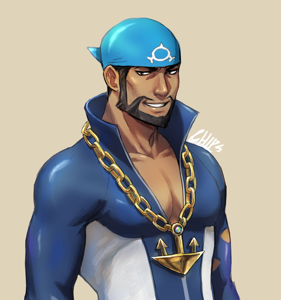 1boy, anchor_necklace, archie_(pokemon), bandana, beard, blue_bandana, blue_bodysuit, bodysuit