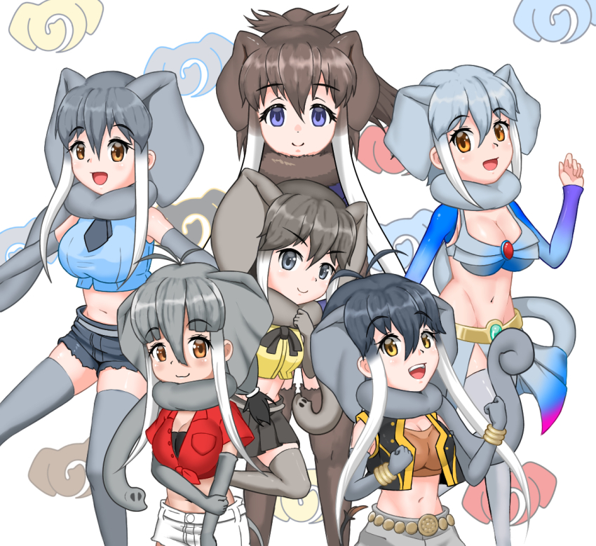 6+girls, african_elephant_(kemono_friends), african_forest_elephant_(kemono_friends), animal_ears, antenna_hair, bare_shoulders, belt, blue_eyes