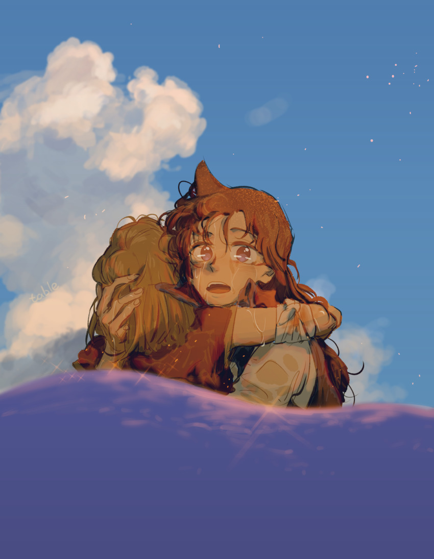 2girls, bandaged_arm, bandages, blonde_hair, blood, blue_sky, brown_hair, day, facing_away, haibara_ai, hand_on_another's_head, highres, hug, injury, long_hair, looking_afar, masaki_(myako), meitantei_conan, messy_hair, mouri_ran, multiple_girls, ocean, open_mouth, partially_submerged, sea_sparkle, see-through_clothes, short_hair, short_sleeves, sky, upper_body, water, wet, wet_clothes, wet_hair