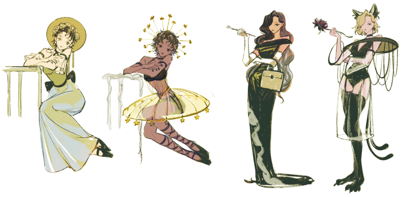 2girls, absurdres, animal_ears, bag, black_dress, black_legwear, blonde_hair, brown_hair