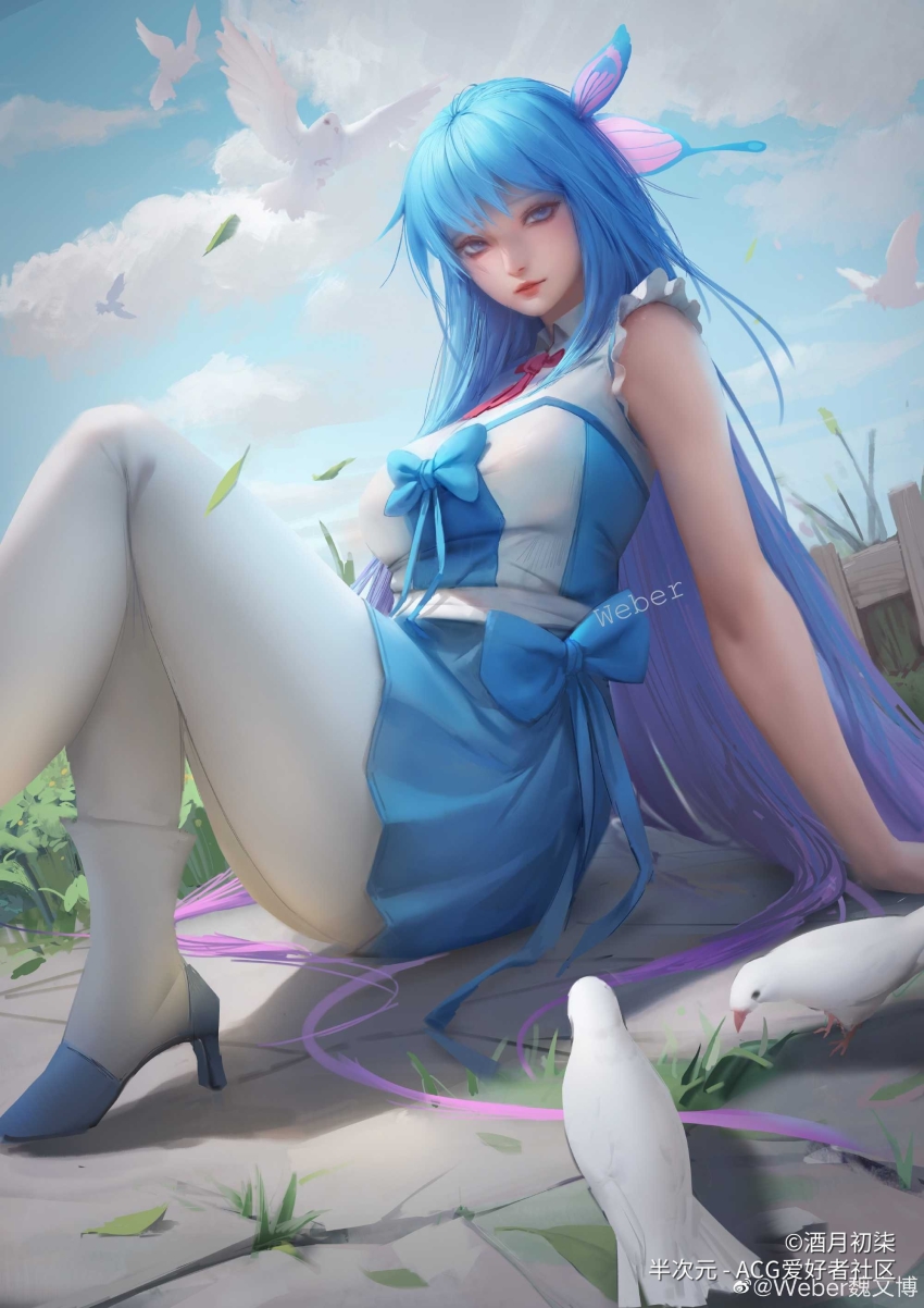 absurdres, text_background, bird, blue_hair, blue_sky, bug, butterfly, cloud, douluo_dalu, falling_leaves, fence, grass, high_heels, highres, insect, leaf, sky, tang_wutong_(douluo_dalu), thighhighs
