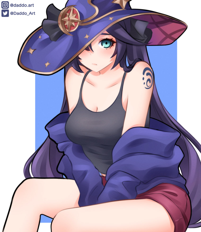 1girl, arm_tattoo, bare_shoulders, black_tank_top, blue_background, blue_jacket, border, breasts, casual, cleavage, collarbone, contemporary, cowboy_shot, crescent, crescent_hat_ornament, daddo_art, genshin_impact, gold_trim, green_eyes, hat, hat_ornament, hat_over_one_eye, highres, instagram_username, jacket, jacket_partially_removed, leaning_forward, long_hair, looking_at_viewer, medium_breasts, midriff, mona_(genshin_impact), off_shoulder, purple_hair, purple_hat, red_shorts, short_shorts, shorts, simple_background, sitting, solo, spaghetti_strap, star_(symbol), star_hat_ornament, tank_top, tattoo, twintails, twitter_logo, twitter_username, v_arms, white_border, witch_hat