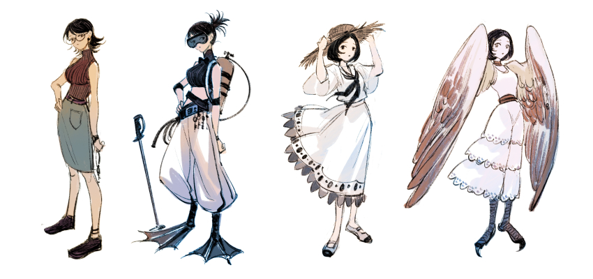 4girls, absurdres, adjusting_clothes, adjusting_headwear, arm_at_side, black-framed_eyewear, black_hair, contrapposto, dress, duanduan, earrings, glasses, goggles, grey_skirt, hair_up, hand_on_own_hip, harpy, hat, highres, jewelry, monster_girl, multiple_girls, original, planted, planted_sword, planted_weapon, scuba_tank, shoes, short_hair, simple_background, skirt, sleeveless, straw_hat, sun_hat, sword, weapon, webbed_feet, white_background, white_dress