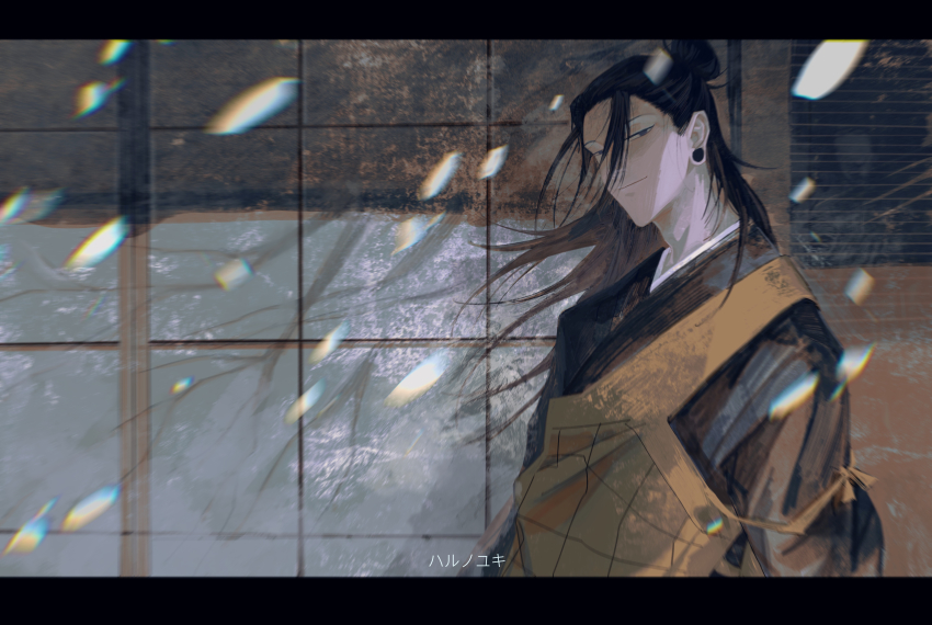 1boy, absurdres, black_eyes, black_hair, black_kimono, duanduan, ear_piercing, geto_suguru