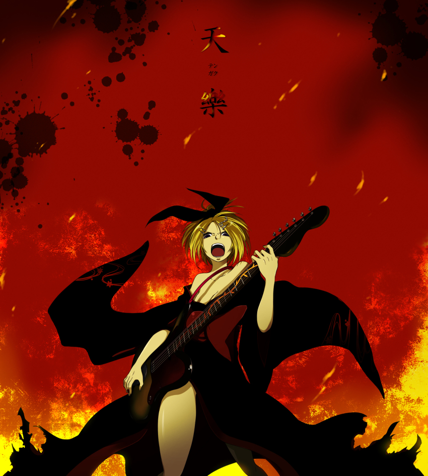 1girl, bare_shoulders, blonde_hair, breasts, cleavage, electric_guitar, female_focus, guitar