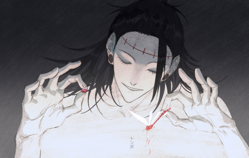 1boy, absurdres, black_hair, bug, closed_eyes, dragonfly, duanduan, ear_piercing, facing_viewer, geto_suguru, geto_suguru_(kenjaku), greyscale, highres, insect, jujutsu_kaisen, long_hair, male_focus, monochrome, pale_skin, piercing, spot_color, stitches, upper_body