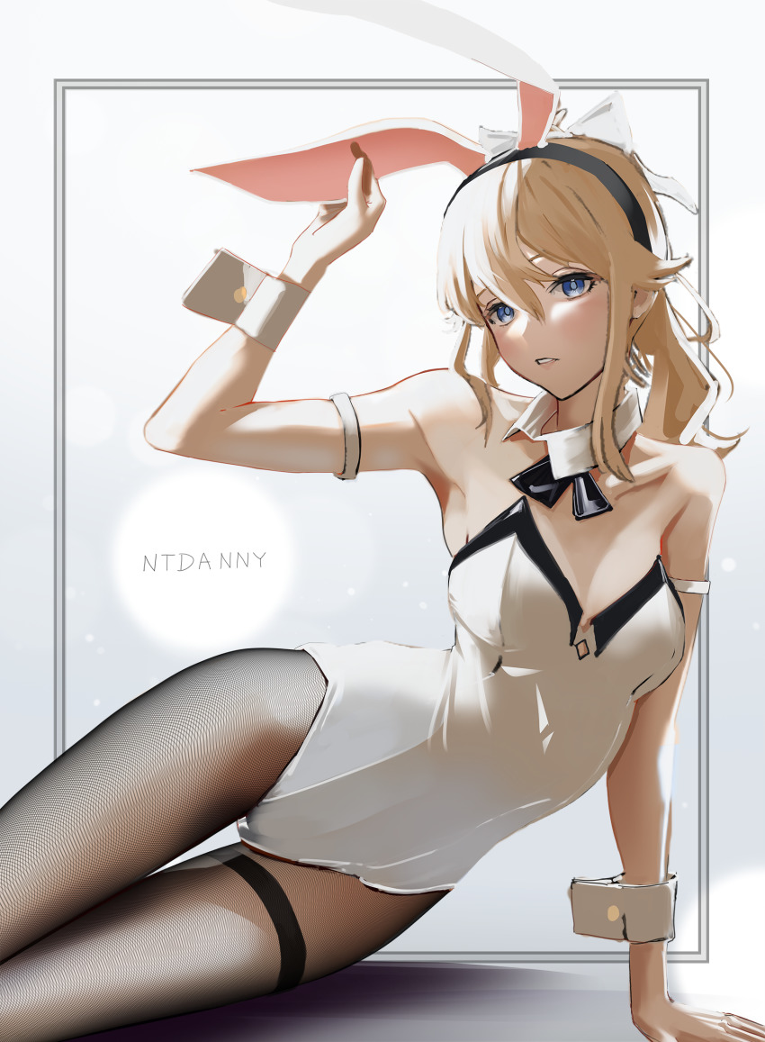 1girl, absurdres, animal_ears, arm_support, black_hairband, blonde_hair, blue_eyes, breasts, cleavage, collar, collarbone, detached_collar, fake_animal_ears, genshin_impact, hair_between_eyes, hairband, highres, jean_(genshin_impact), leotard, long_hair, medium_breasts, ntdanny, pantyhose, parted_lips, playboy_bunny, rabbit_ears, solo, strapless, strapless_leotard, white_collar, white_leotard, wing_collar, wrist_cuffs