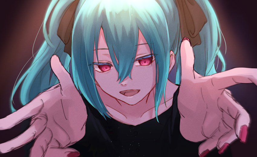 1girl, :d, black_bow, black_shirt, blue_hair, bow, collarbone, hair_between_eyes, hair_bow, hatsune_miku, highres, long_hair, nail_polish, open_mouth, portrait, reaching, reaching_towards_viewer, red_eyes, red_nails, shireru_illust, shirt, smile, solo, twintails, vocaloid