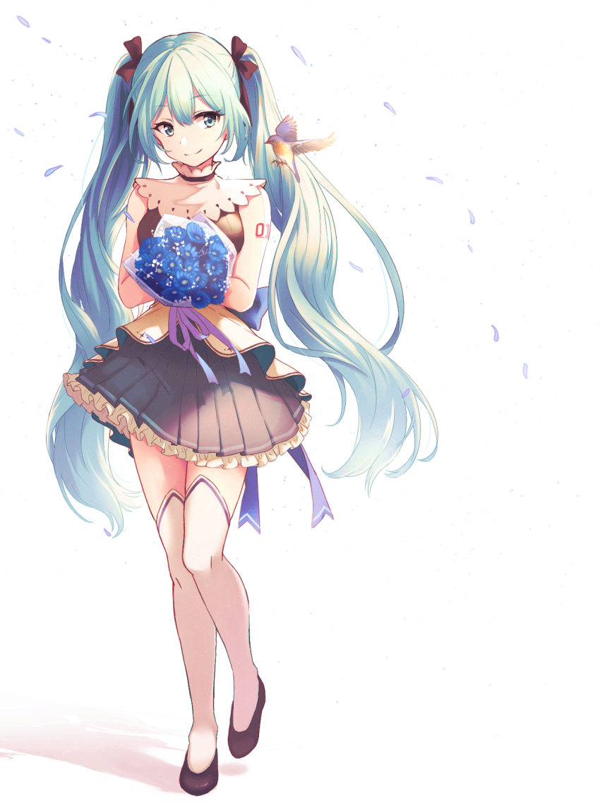 1girl, bird, black_footwear, black_ribbon, blue_eyes, blue_flower, blue_hair, bouquet