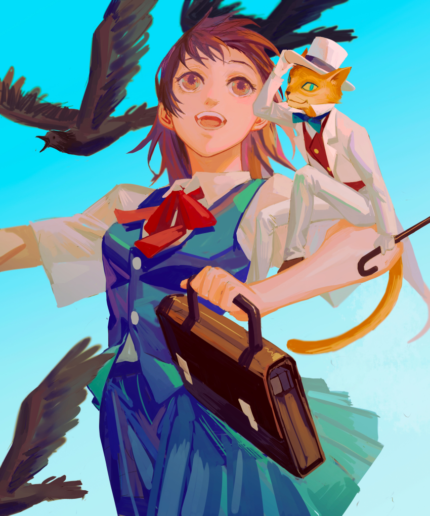 1girl, :o, absurdres, bird, blue_background, blue_eyes, blue_skirt, blue_sky