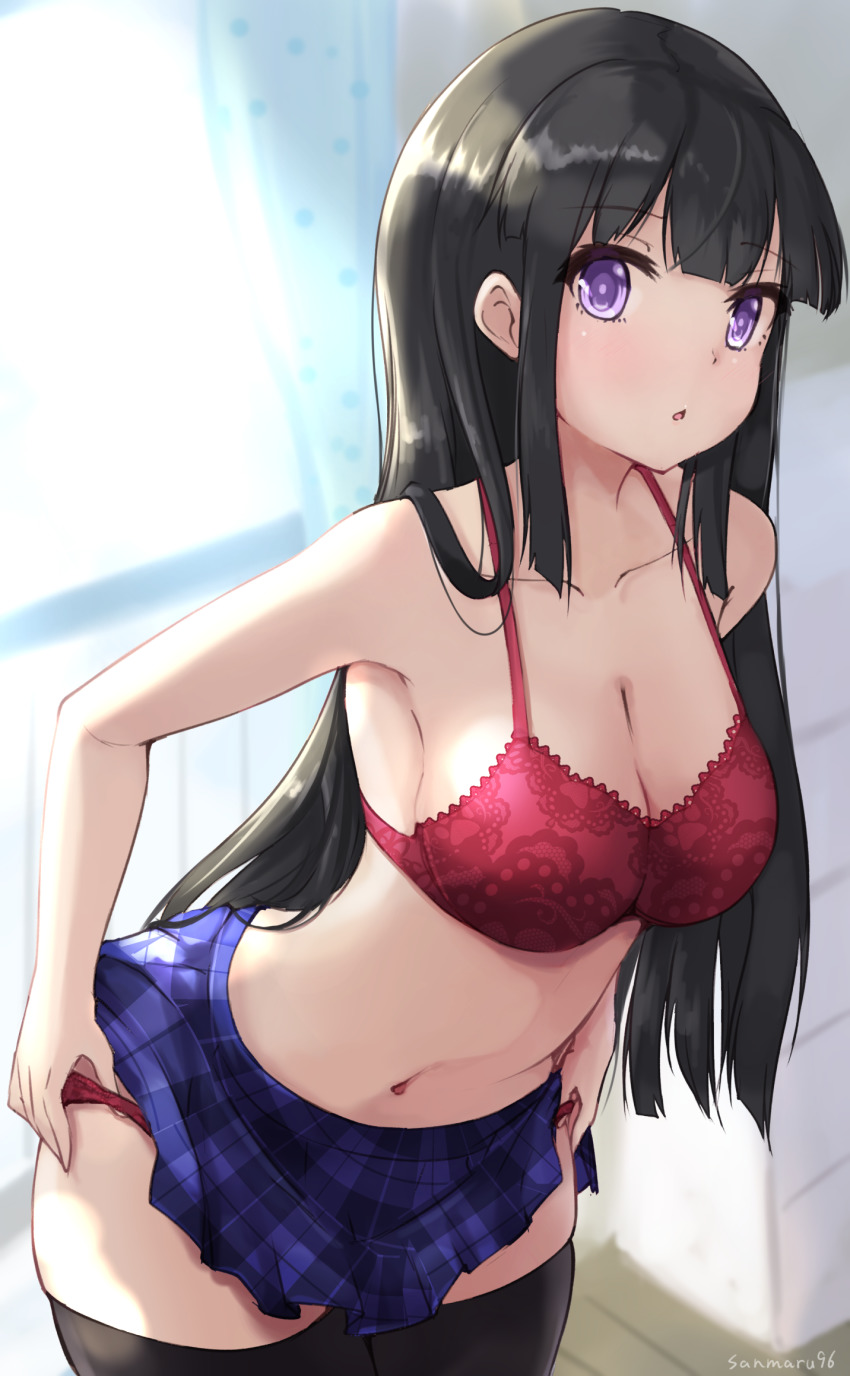 1girl, artist_name, bare_shoulders, black_hair, black_thighhighs, blue_skirt, blurry, bra