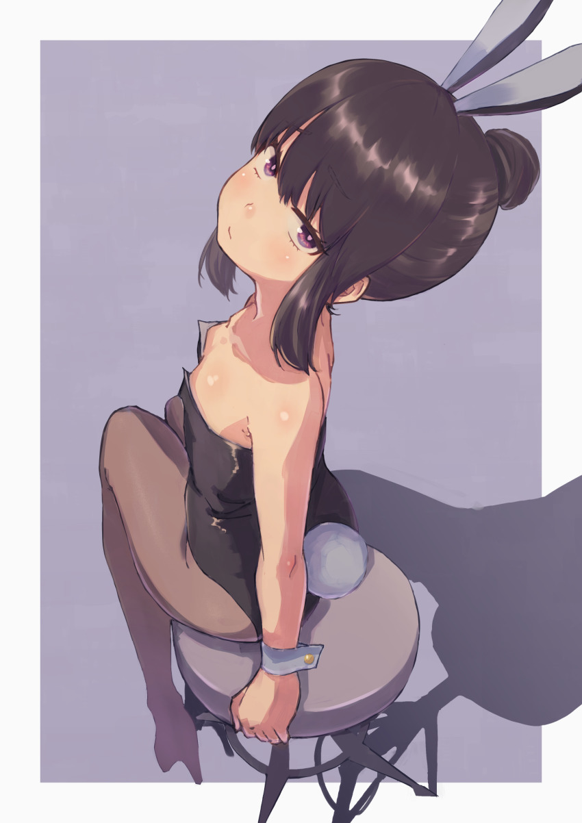1girl, animal_ears, ass, back, bare_shoulders, black_hair, black_pantyhose, blush, breasts, fake_animal_ears, fake_tail, hair_bun, high_heels, highres, himeragi_rinze, looking_at_viewer, pantyhose, playboy_bunny, purple_eyes, rabbit_ears, rabbit_tail, reco_love, reco_love_gold_beach, saisho_no_nakama, single_hair_bun, sitting, small_breasts, solo, stool, tail