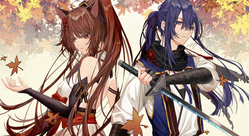 1boy, 1girl, absurdres, animal_ears, autumn_leaves, back-to-back, bandaged_arm, bandages