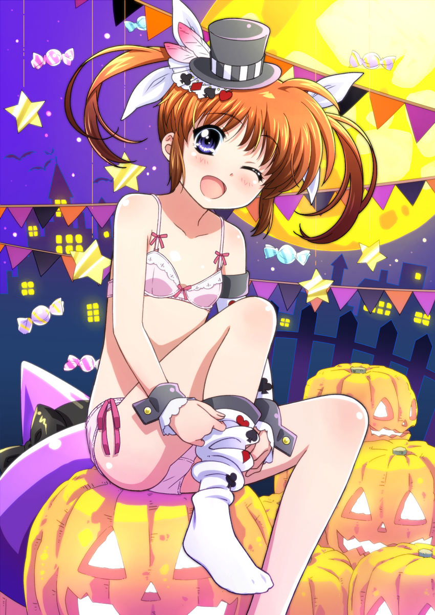 1girl, absurdres, adjusting_clothes, adjusting_legwear, bat_(animal), black_hat, blue_eyes, bow, bow_bra, bra, brown_hair, candy, commentary, crotch_seam, flat_chest, food, full_moon, hair_ribbon, halloween, halloween_costume, hat, highres, jack-o'-lantern, knee_up, looking_at_viewer, lyrical_nanoha, lyrical_store, mahou_shoujo_lyrical_nanoha, medium_hair, mini_hat, mini_top_hat, miyajima_hitoshi, moon, night, one_eye_closed, open_mouth, panties, pink_bra, pink_panties, ribbon, side-tie_panties, sitting, sky, smile, socks, solo, star_(symbol), string_of_flags, takamachi_nanoha, tilted_headwear, top_hat, twintails, underwear, underwear_only, white_ribbon, white_socks, witch_hat, wrist_cuffs