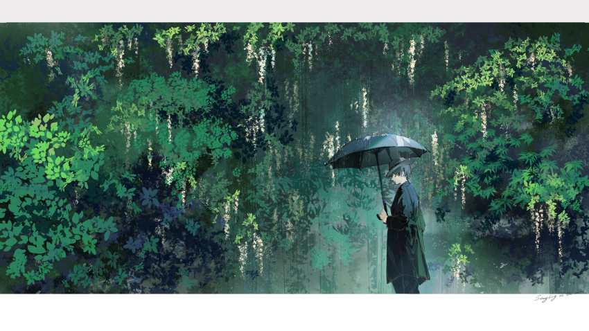 1boy, absurdres, black_hair, black_jacket, black_pants, black_umbrella, bush, chinese_commentary, commentary_request, english_text, gloves, hat, hidden_face, highres, holding, jacket, klein_moretti, lord_of_the_mysteries, nayannayan, pants, plant, rain, short_hair, solo, umbrella, white_gloves