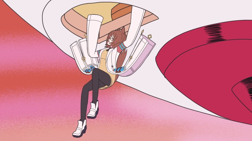 1girl, agnes_tachyon_(tach-nology)_(umamusume), agnes_tachyon_(umamusume), ahoge, animal_ears, arms_up, black_legwear, boots, brown_hair, chargeman_ken!, closed_eyes, commentary_request, falling, full_body, highres, horse_ears, horse_girl, horse_tail, kudan_(kudan4429), lab_coat, long_sleeves, meme, open_mouth, parody, sleeves_past_fingers, sleeves_past_wrists, solo, spacecraft, sweater, tail, umamusume, yellow_sweater