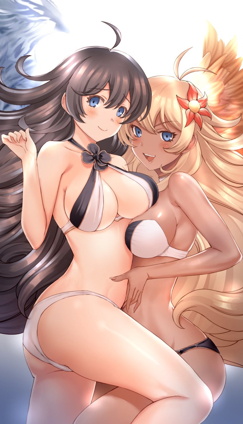 2girls, absurdres, ahoge, ass, bikini, black_bikini, black_hair, blonde_hair