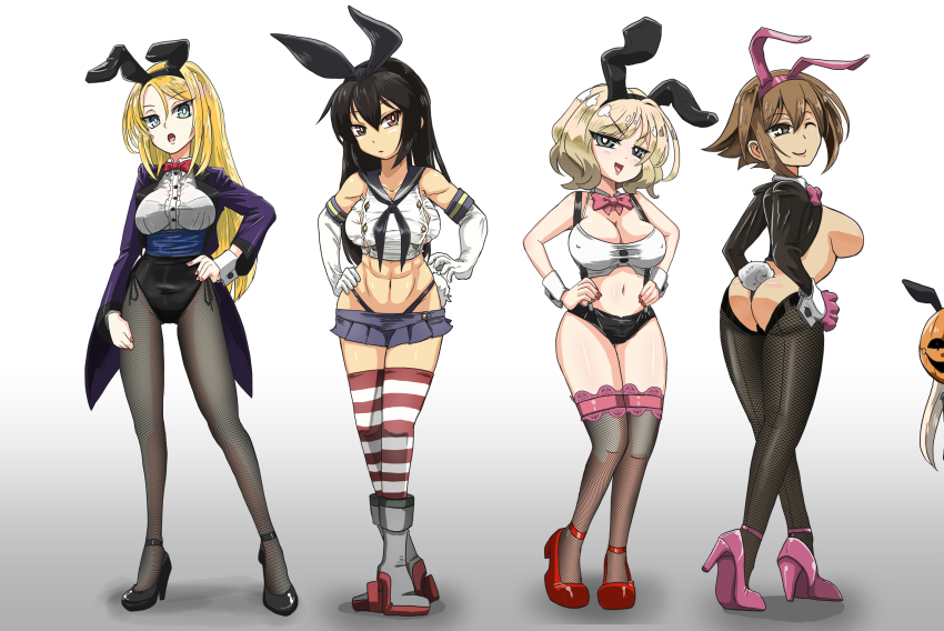 5girls, alternate_costume, animal_ears, ass, black_hair, black_leotard, black_neckerchief, black_panties