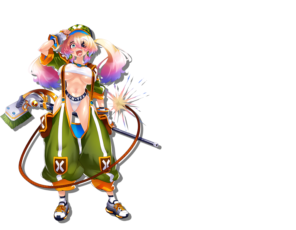 1girl, blonde_hair, blue_eyes, bombergirl, breasts, cleavage, eyepatch, fang