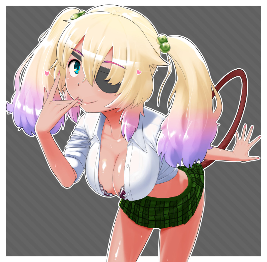 1girl, blonde_hair, blue_eyes, bombergirl, breasts, cleavage, eyepatch, messy_hair