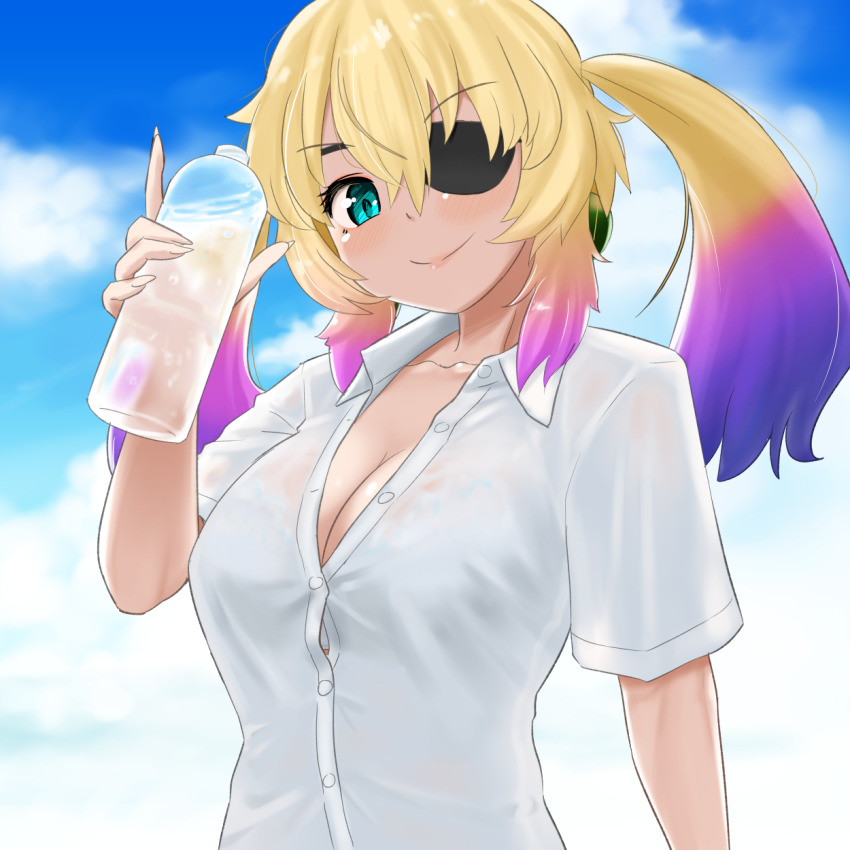 1girl, blonde_hair, blue_eyes, bombergirl, eyepatch, highres, messy_hair, olive_drab