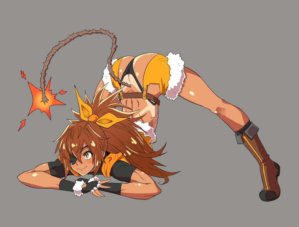 1girl, ass, bombergirl, boots, brown_hair, butt_crack, fingerless_gloves, gloves, grey_background, jack-o'_challenge, oren_(bombergirl), ponytail, simple_background, solo, tan, tanline, yellow_eyes