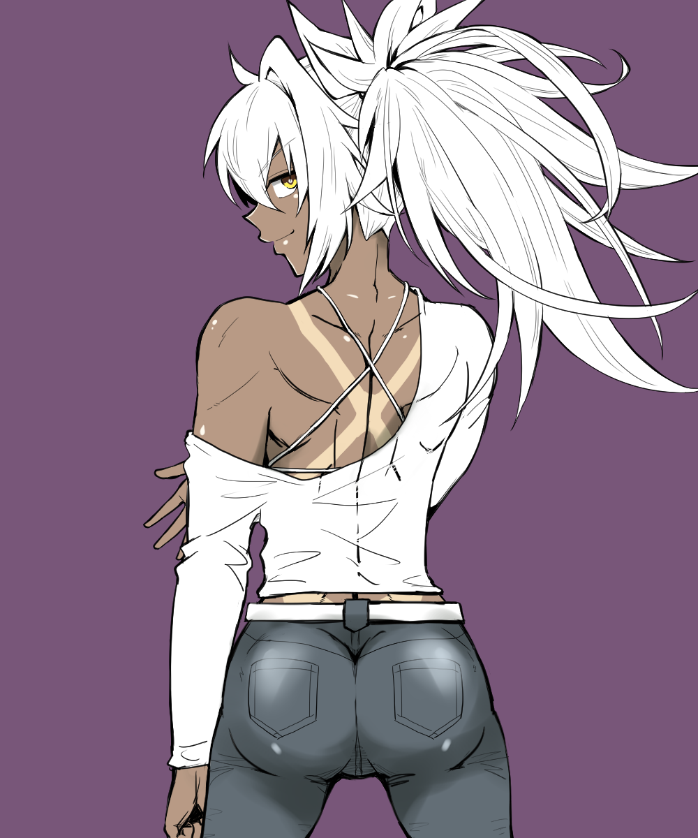 1girl, ass, bombergirl, cowboy_shot, denim, highres, jeans, looking_back