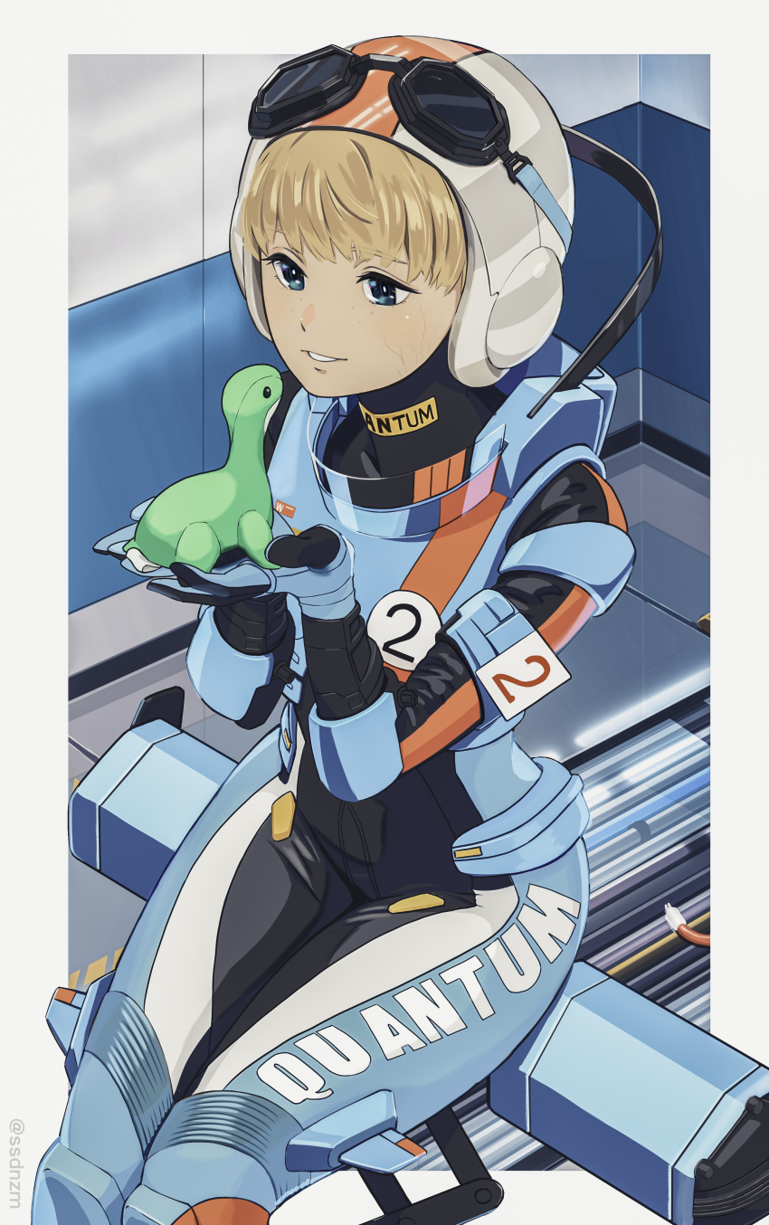 1girl, absurdres, animification, apex_legends, blonde_hair, blue_bodysuit, blue_eyes, blue_gloves
