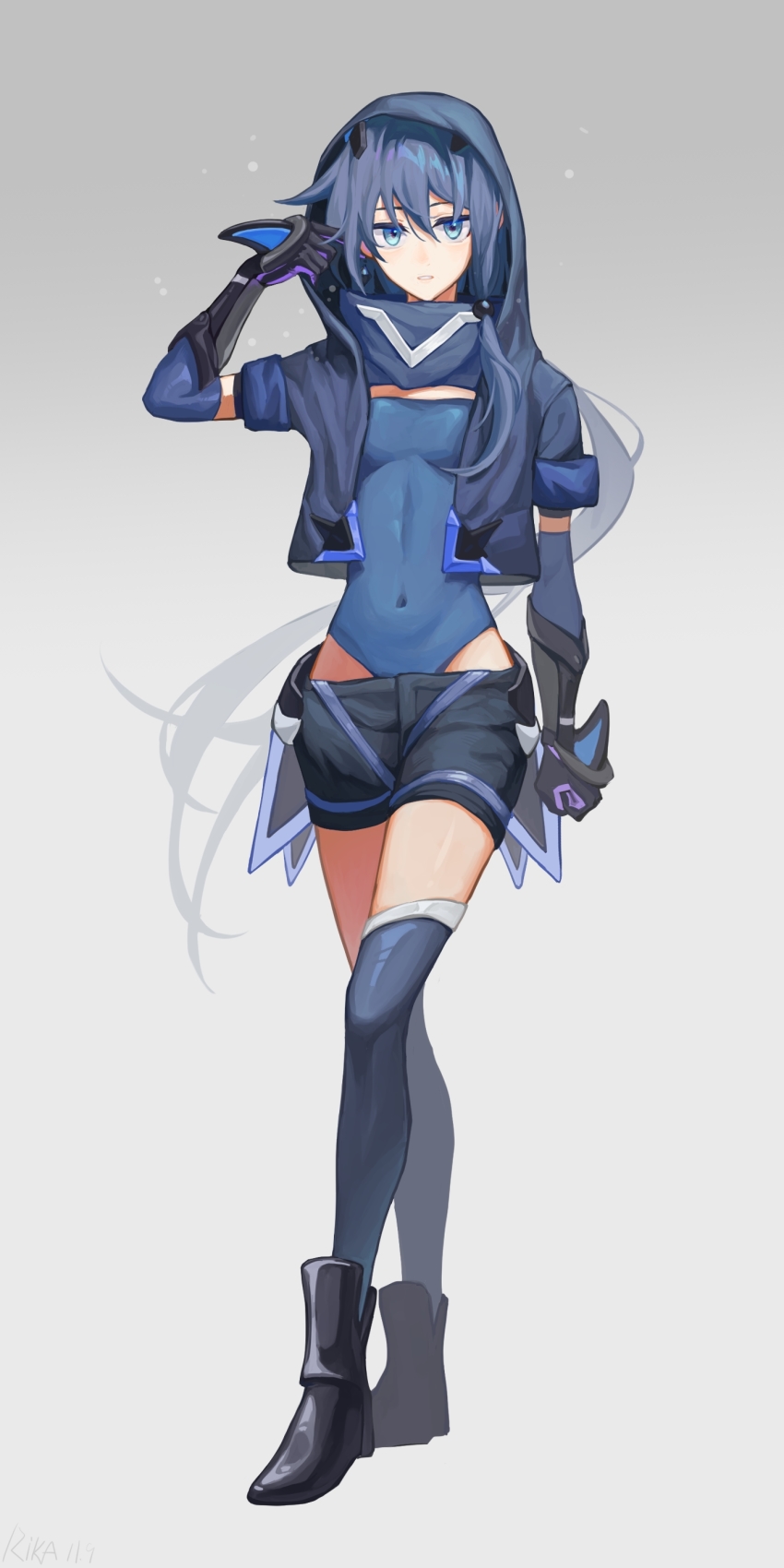 1girl, absurdres, black_boots, black_hair, blue_eyes, blue_gloves, blue_jacket, blue_leotard