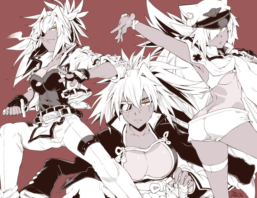 1girl, ass, bombergirl, butt_crack, cigarette, highres, multiple_views, oren_(bombergirl)