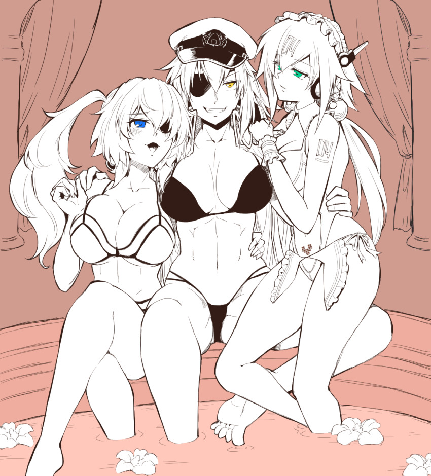 3girls, bikini, blue_eyes, bombergirl, breasts, cleavage, emera_(bombergirl), eyepatch, green_eyes, hat, highres, multiple_girls, olive_drab, oren_(bombergirl), ponytail, sitting, swimsuit, white_hair, yellow_eyes