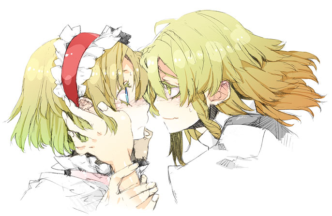2girls, alice_margatroid, blonde_hair, blush, eye_contact, female_focus, hairband, imminent_kiss, kirisame_marisa, kukicha, looking_at_another, multiple_girls, profile, short_hair, touhou, yuri